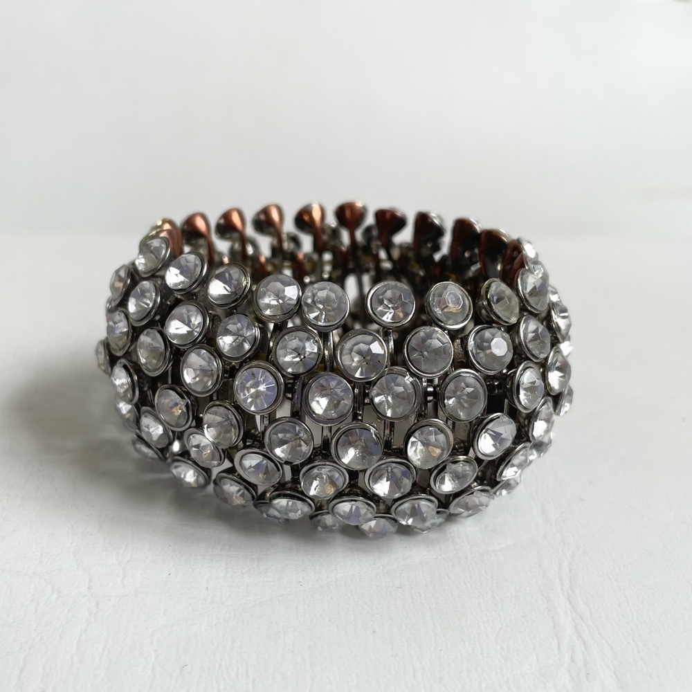 VINTAGE CLEAR RHINESTONE STRETCH BRACELET METAL ADJUSTABLE CUFF BANGLE